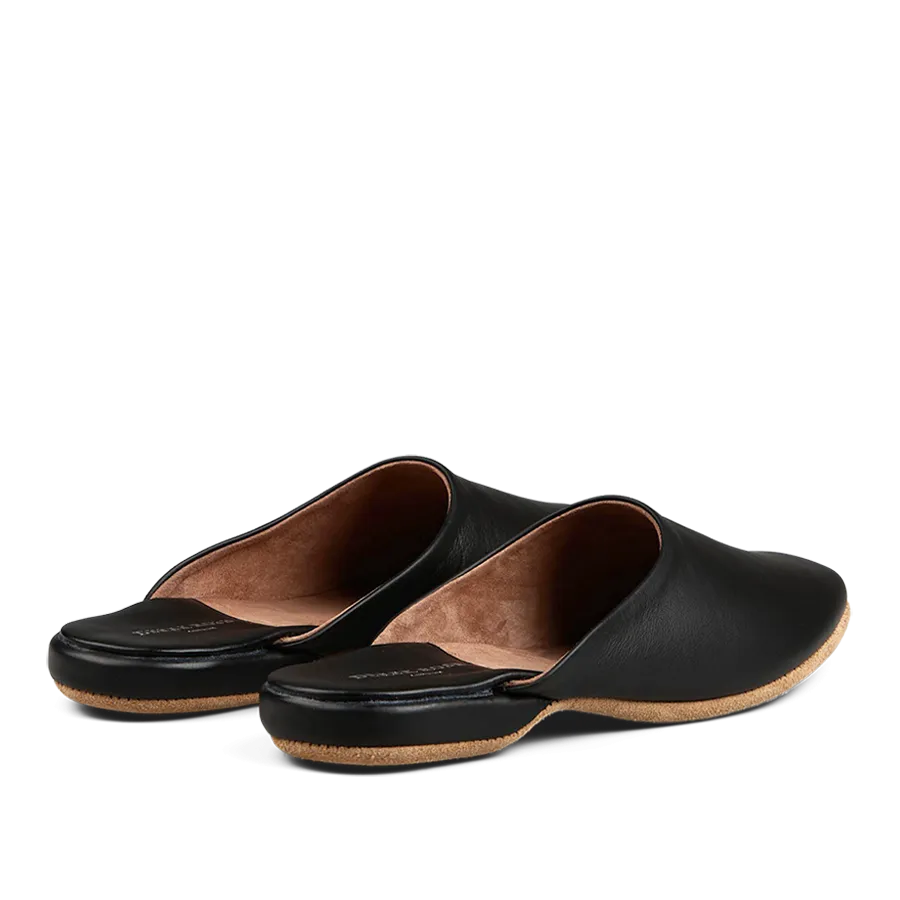 Black Leather Sheepskin Open Slippers