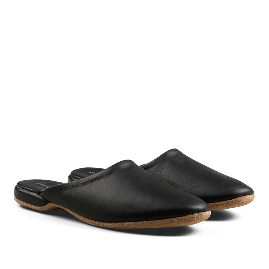 Black Leather Sheepskin Open Slippers